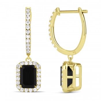 Emerald Shape Black Diamond & Diamond Halo Dangling Earrings 14k Yellow Gold (1.50ct)