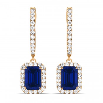 Emerald Shape Lab Blue Sapphire & Diamond Halo Dangling Earrings 14k Rose Gold (1.90ct)