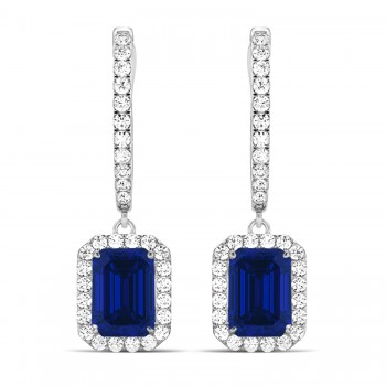 Emerald Shape Lab Blue Sapphire & Diamond Halo Dangling Earrings 14k White Gold (1.90ct)