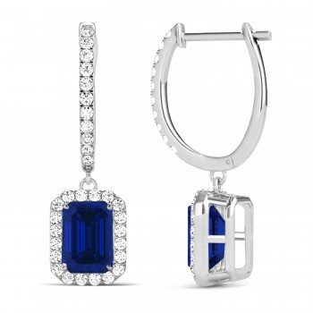 Emerald Shape Lab Blue Sapphire & Diamond Halo Dangling Earrings 14k White Gold (1.90ct)