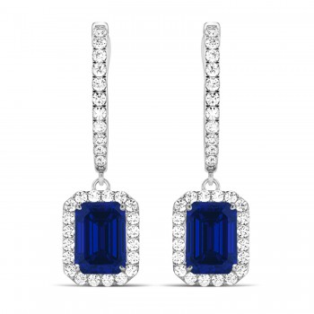 Emerald Shape Blue Sapphire & Diamond Halo Dangling Earrings 14k White Gold (1.90ct)