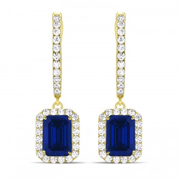 Emerald Shape Lab Blue Sapphire & Diamond Halo Dangling Earrings 14k Yellow Gold (1.90ct)
