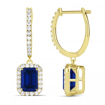 Emerald Shape Lab Blue Sapphire & Diamond Halo Dangling Earrings 14k Yellow Gold (1.90ct)