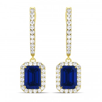 Emerald Shape Blue Sapphire & Diamond Halo Dangling Earrings 14k Yellow Gold (1.90ct)