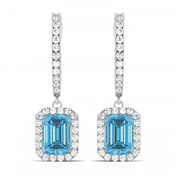 Emerald Shape Blue Topaz & Diamond Halo Dangling Earrings 14k White Gold (1.80ct)