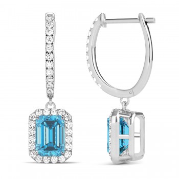 Emerald Shape Blue Topaz & Diamond Halo Dangling Earrings 14k White Gold (1.80ct)