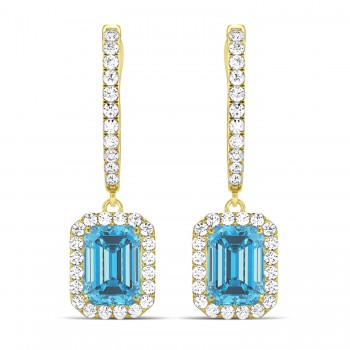 Emerald Shape Blue Topaz & Diamond Halo Dangling Earrings 14k Yellow Gold (1.80ct)