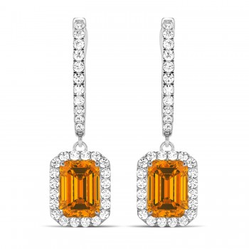 Emerald Shape Citrine & Diamond Halo Dangling Earrings 14k White Gold (1.60ct)