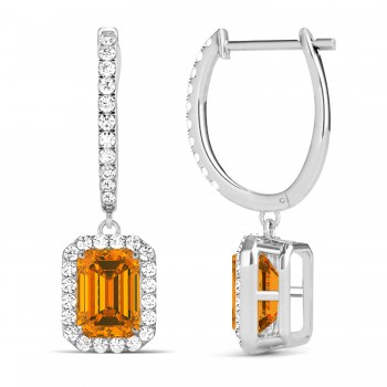 Emerald Shape Citrine & Diamond Halo Dangling Earrings 14k White Gold (1.60ct)