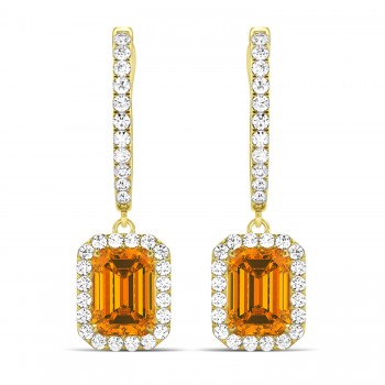 Emerald Shape Citrine & Diamond Halo Dangling Earrings 14k Yellow Gold (1.60ct)