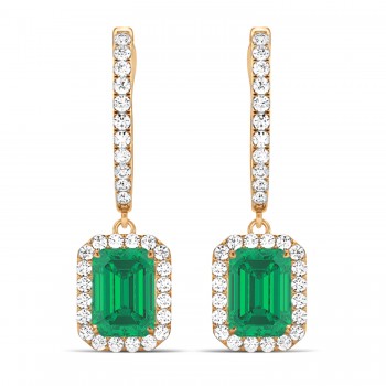 Emerald Shape Lab Emerald & Diamond Halo Dangling Earrings 14k Rose Gold (1.70ct)