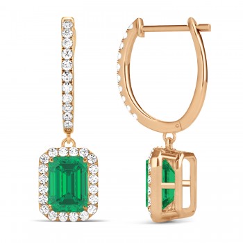 Emerald Shape Emerald & Diamond Halo Dangling Earrings 14k Rose Gold (1.70ct)