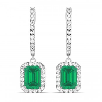 Emerald Shape Lab Emerald & Diamond Halo Dangling Earrings 14k White Gold (1.70ct)