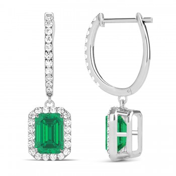 Emerald Shape Lab Emerald & Diamond Halo Dangling Earrings 14k White Gold (1.70ct)