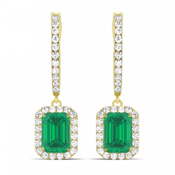 Emerald Shape Lab Emerald & Diamond Halo Dangling Earrings 14k Yellow Gold (1.70ct)