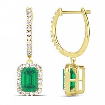 Emerald Shape Lab Emerald & Diamond Halo Dangling Earrings 14k Yellow Gold (1.70ct)