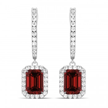 Emerald Shape Garnet & Diamond Halo Dangling Earrings 14k White Gold (2.10ct)