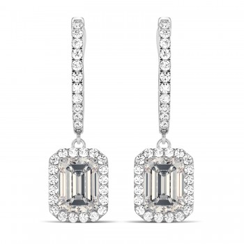 Emerald Shape Moissanite & Diamond Halo Dangling Earrings 14k White Gold (1.56ct)