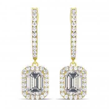 Emerald Shape Moissanite & Diamond Halo Dangling Earrings 14k Yellow Gold (1.56ct)