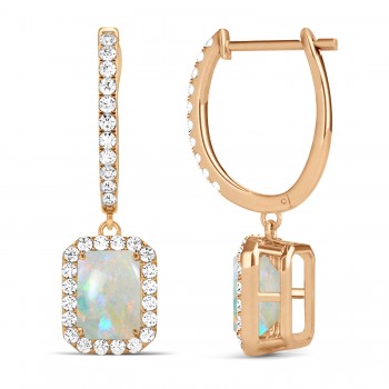 Emerald Shape Opal & Diamond Halo Dangling Earrings 14k Rose Gold (2.10ct)