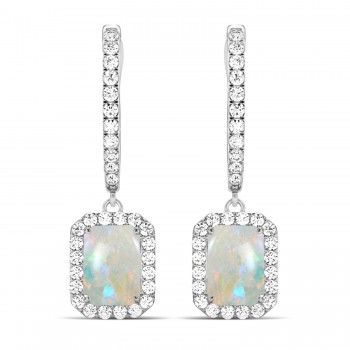 Emerald Shape Opal & Diamond Halo Dangling Earrings 14k White Gold (2.10ct)