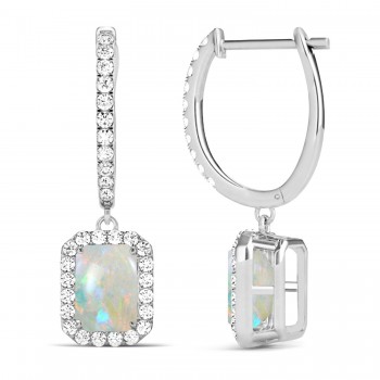 Emerald Shape Opal & Diamond Halo Dangling Earrings 14k White Gold (2.10ct)