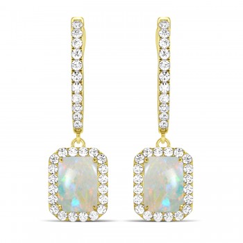 Emerald Shape Opal & Diamond Halo Dangling Earrings 14k Yellow Gold (2.10ct)