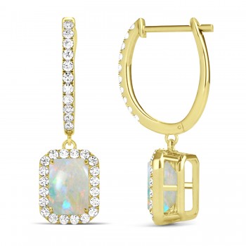 Emerald Shape Opal & Diamond Halo Dangling Earrings 14k Yellow Gold (2.10ct)