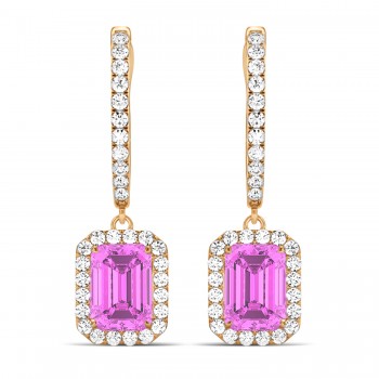 Emerald Shape Lab Pink Sapphire & Diamond Halo Dangling Earrings 14k Rose Gold (1.90ct)