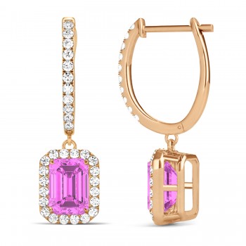 Emerald Shape Pink Sapphire & Diamond Halo Dangling Earrings 14k Rose Gold (1.90ct)
