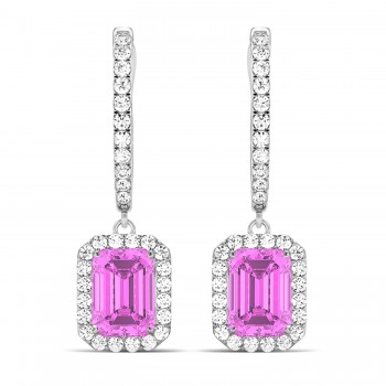 Emerald Shape Lab Pink Sapphire & Diamond Halo Dangling Earrings 14k White Gold (1.90ct)