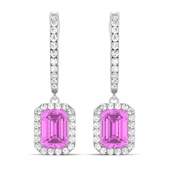 Emerald Shape Pink Sapphire & Diamond Halo Dangling Earrings 14k White Gold (1.90ct)