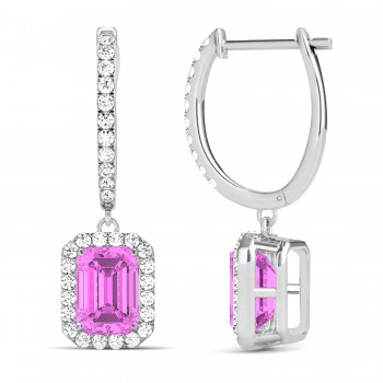 Emerald Shape Pink Sapphire & Diamond Halo Dangling Earrings 14k White Gold (1.90ct)