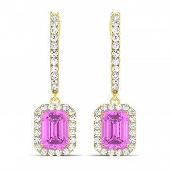Emerald Shape Lab Pink Sapphire & Diamond Halo Dangling Earrings 14k Yellow Gold (1.90ct)