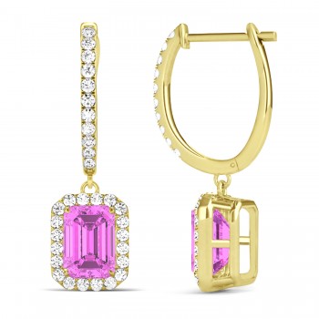 Emerald Shape Lab Pink Sapphire & Diamond Halo Dangling Earrings 14k Yellow Gold (1.90ct)