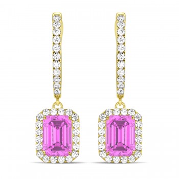 Emerald Shape Pink Sapphire & Diamond Halo Dangling Earrings 14k Yellow Gold (1.90ct)