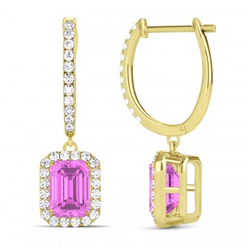 Emerald Shape Pink Sapphire & Diamond Halo Dangling Earrings 14k Yellow Gold (1.90ct)