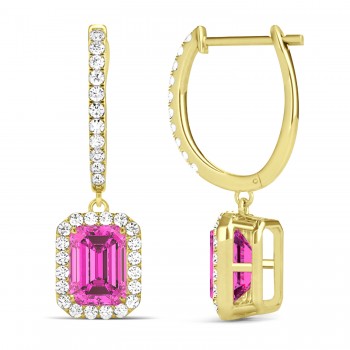 Emerald Shape Pink Topaz & Diamond Halo Dangling Earrings 14k Yellow Gold (1.80ct)