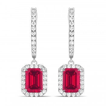 Emerald Shape Lab Ruby & Diamond Halo Dangling Earrings 14k White Gold (1.90ct)