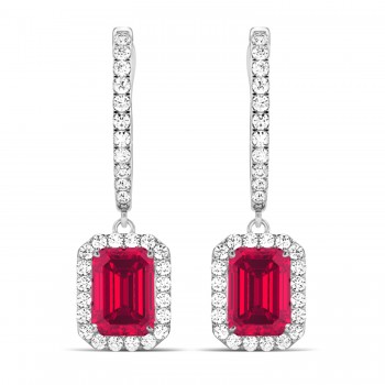 Emerald Shape Ruby & Diamond Halo Dangling Earrings 14k White Gold (1.90ct)