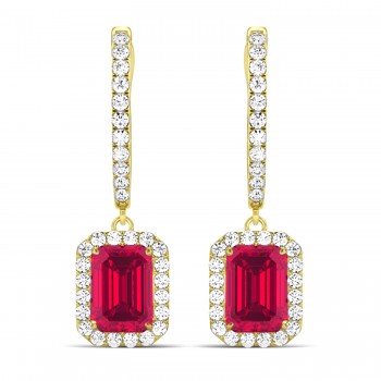 Emerald Shape Lab Ruby & Diamond Halo Dangling Earrings 14k Yellow Gold (1.90ct)