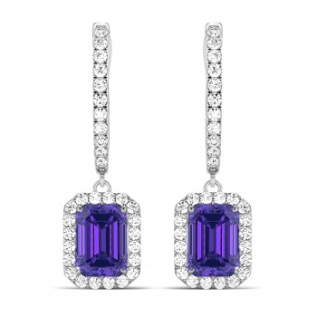 Emerald Shape Tanzanite & Diamond Halo Dangling Earrings 14k White Gold (1.70ct)