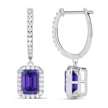 Emerald Shape Tanzanite & Diamond Halo Dangling Earrings 14k White Gold (1.70ct)