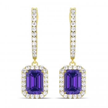 Emerald Shape Tanzanite & Diamond Halo Dangling Earrings 14k Yellow Gold (1.70ct)