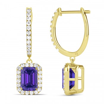 Emerald Shape Tanzanite & Diamond Halo Dangling Earrings 14k Yellow Gold (1.70ct)