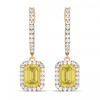 Emerald Shape Yellow Diamond & Diamond Halo Dangling Earrings 14k Rose Gold (1.50ct)