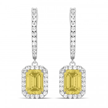 Emerald Shape Yellow Diamond & Diamond Halo Dangling Earrings 14k White Gold (1.50ct)