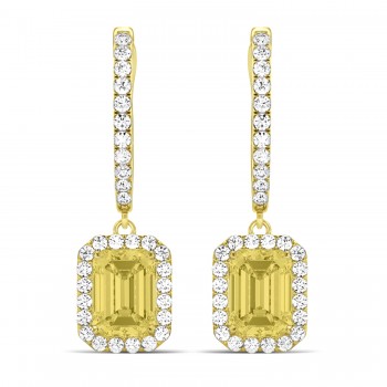 Emerald Shape Yellow Diamond & Diamond Halo Dangling Earrings 14k Yellow Gold (1.50ct)