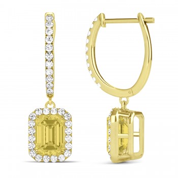 Emerald Shape Yellow Diamond & Diamond Halo Dangling Earrings 14k Yellow Gold (1.50ct)