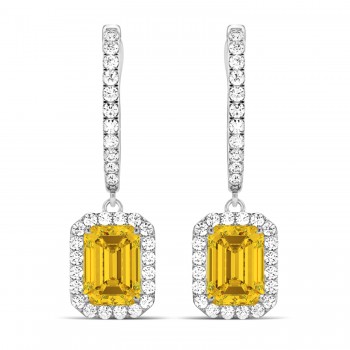 Emerald Shape Yellow Sapphire & Diamond Halo Dangling Earrings 14k White Gold (1.90ct)